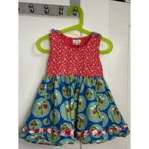 Matilda Jane Girls Pink Heart Blue Strawberry Mixed Print Ruffle Top Size 6